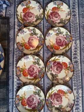 MacKenzie-Childs Floral Rose Dessert Plates - Pink, Red, Green, Blue (Set of 8)